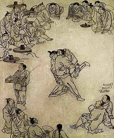 古代朝鲜半岛东南部的古新罗的壁画就有有关韩式摔跤的描绘.