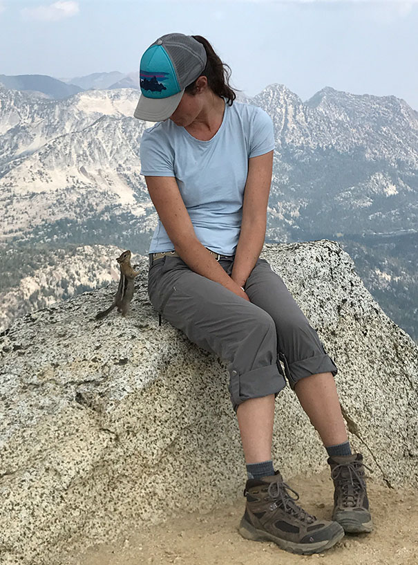 this chipmunk looking up at my gf on top of eagle cap summit