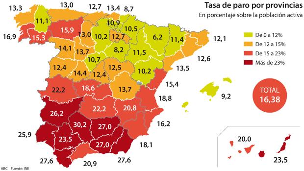 西班牙失业率分布图:看看哪个省最好找工作?