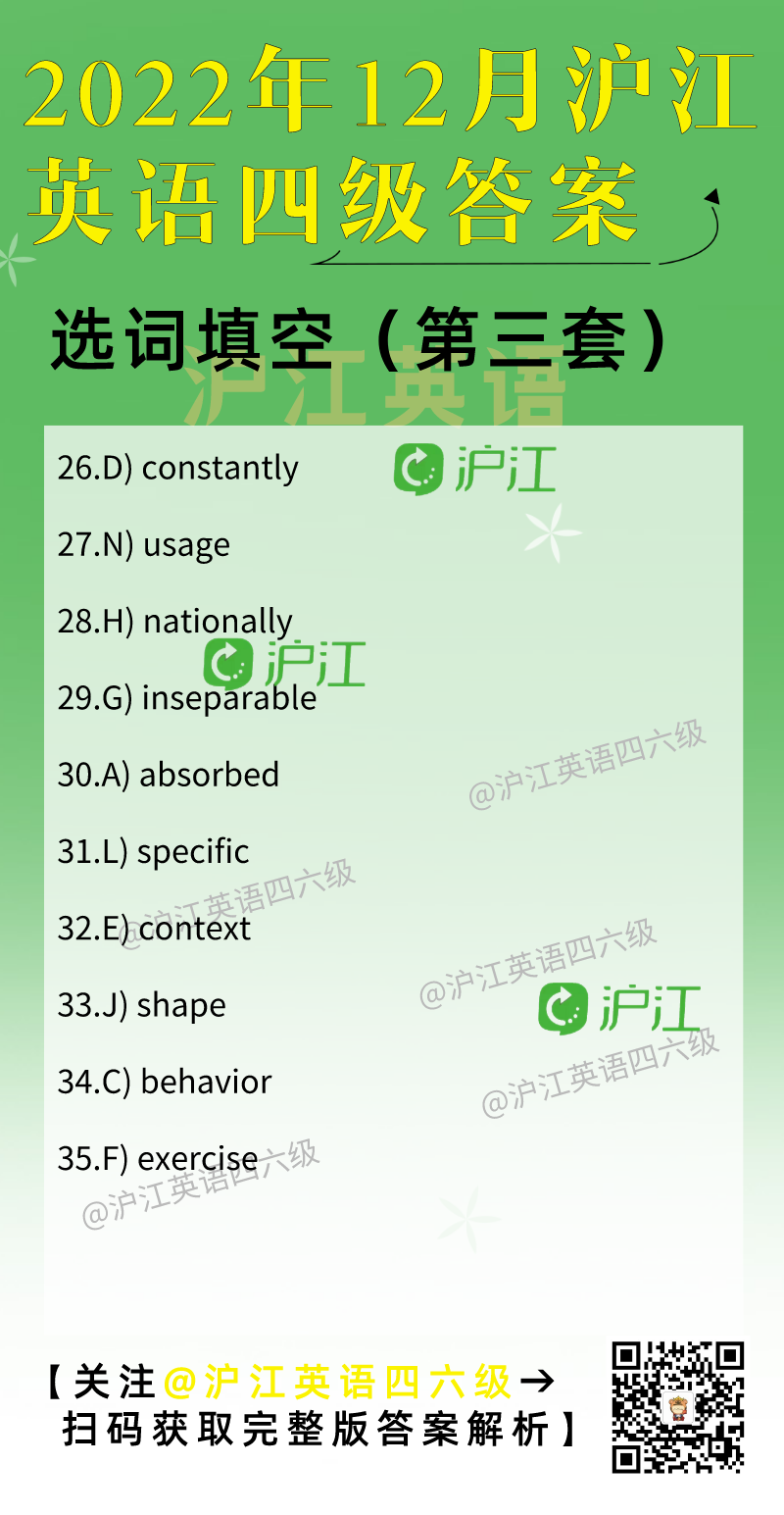 英语名言 22年12月英语四级阅读答案 选词填空 第三套 沪江网校 沪江英语 英语名言 22年12月英语四级阅读答案 选词填空 第三套 沪江网校 沪江英语